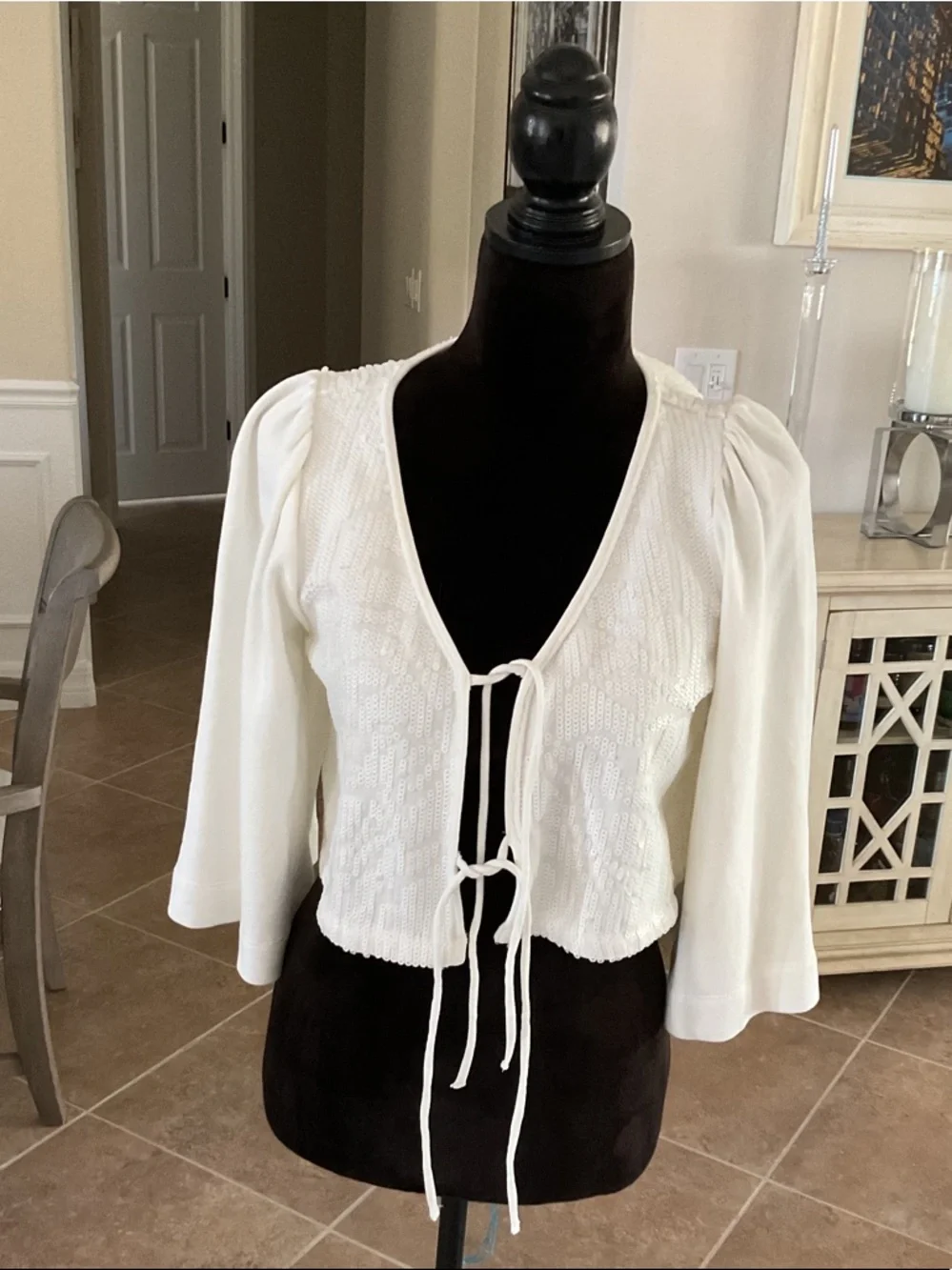 Anthropologie sequin top, front tie, white, size small